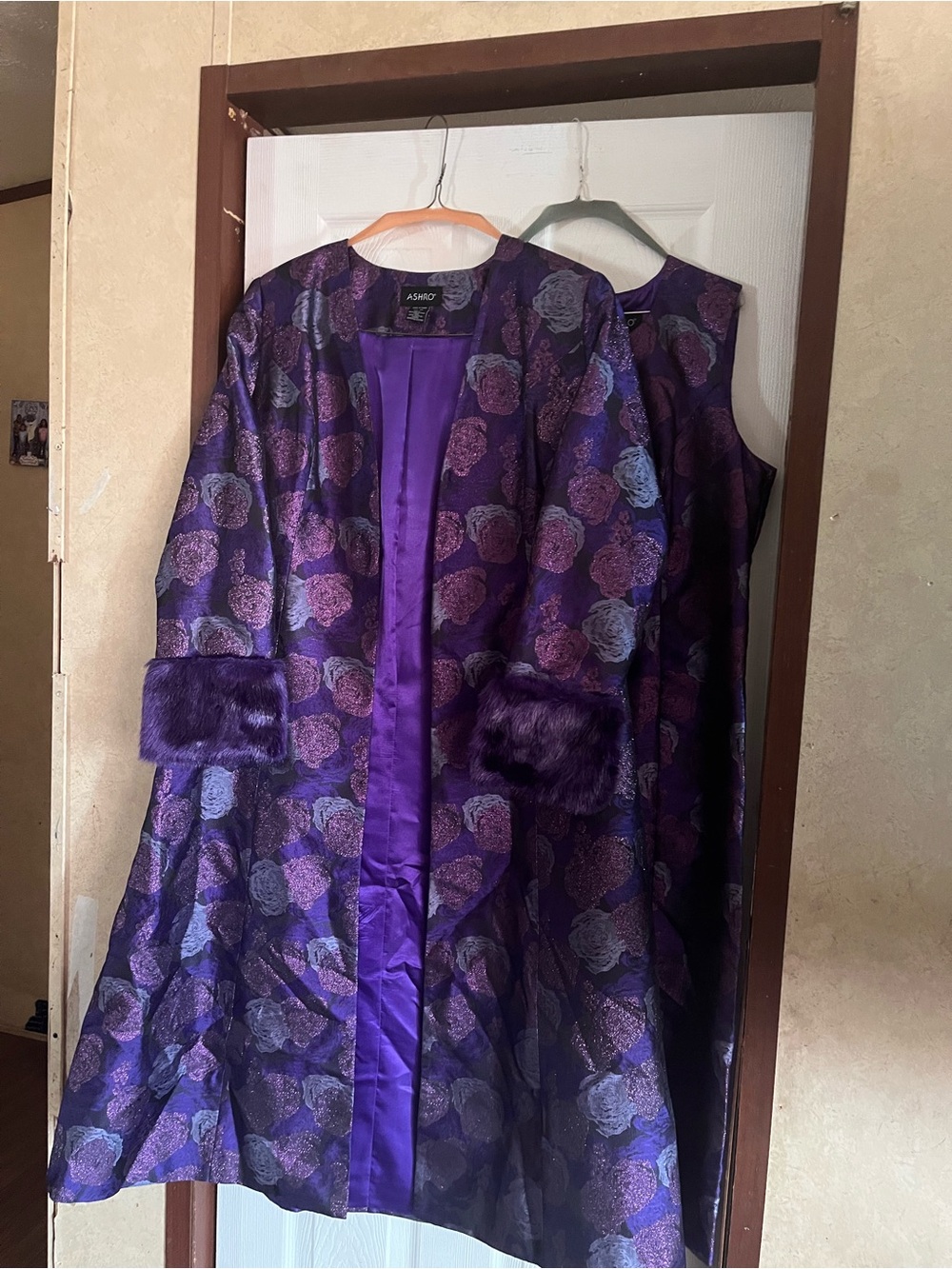 Ashro Purple Metallic Jacquard 2-Piece Duster Coat & Dress Set - Size 16